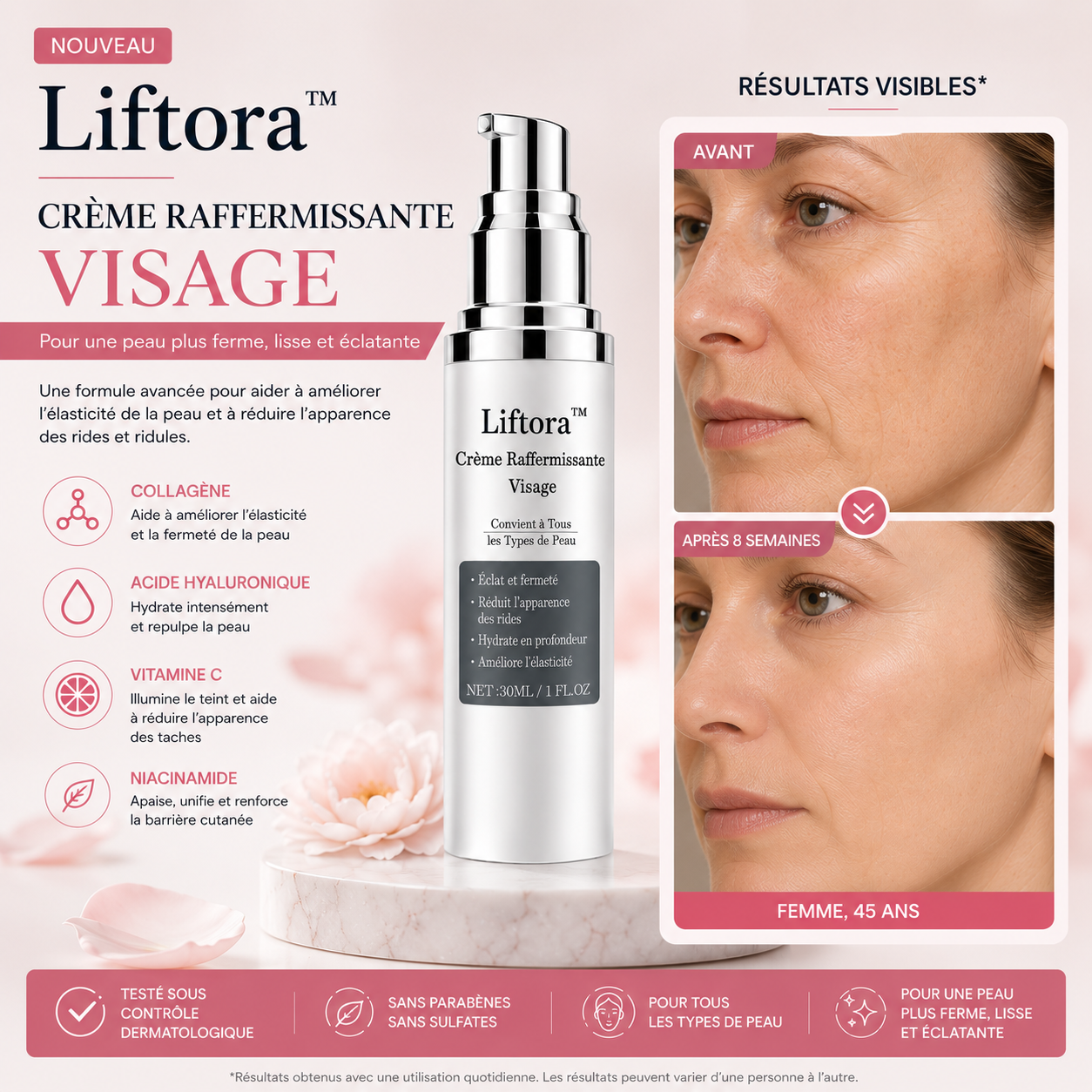 Liftora™ Crème Raffermissante Visage  Une Peau Plus Ferme Dès 7 Jours